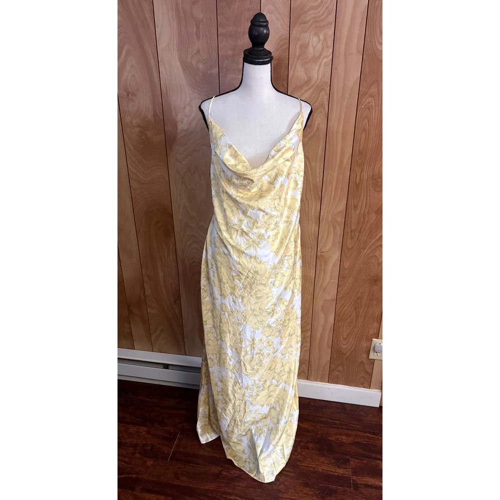 Peppermayo Coastal Escape Satin Maxi Dress Yellow Floral Cowl Neck Open Back 14
